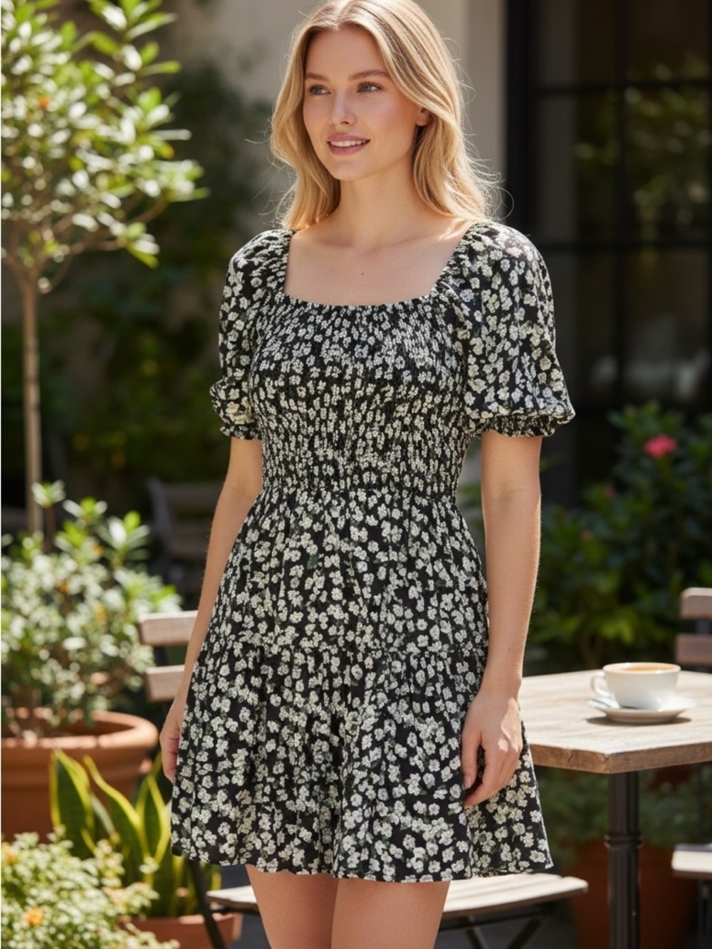 PrettyGarden Puff-Sleeves Ruffled Dress, Size XL, Black, Green & White Flowers.